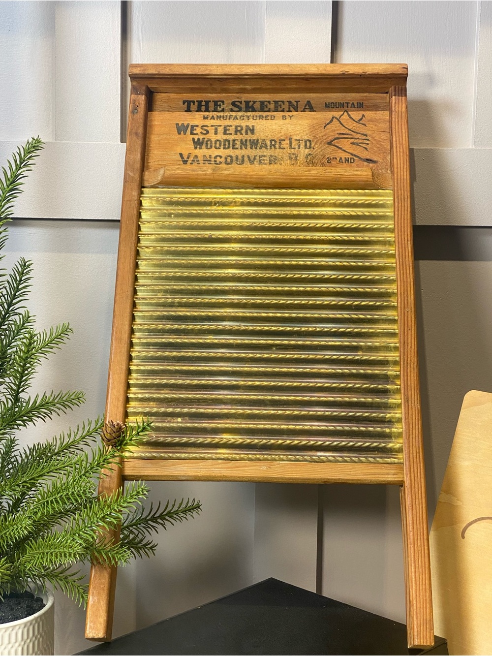 1985 The Skeena Vintage Wooden Washboard with Brass Ridges - Yellow/Gold 24”